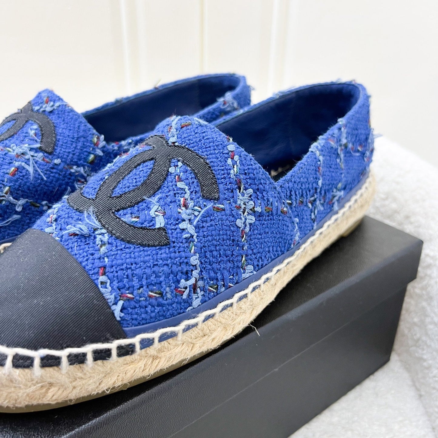 Chanel Espadrilles in Blue Tweed and Black Gosgrain Sz 37 Accessory