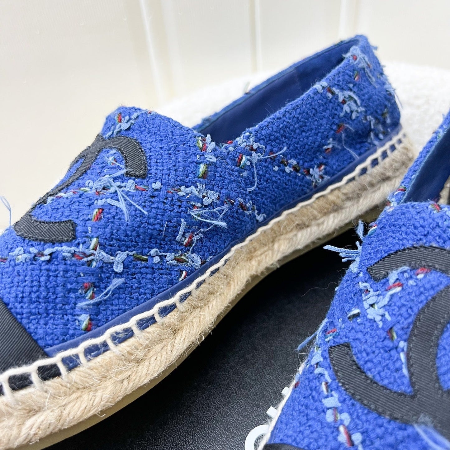 Chanel Espadrilles in Blue Tweed and Black Gosgrain Sz 37 Accessory