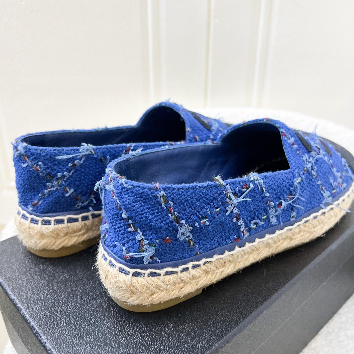 Chanel Espadrilles in Blue Tweed and Black Gosgrain Sz 37 Accessory
