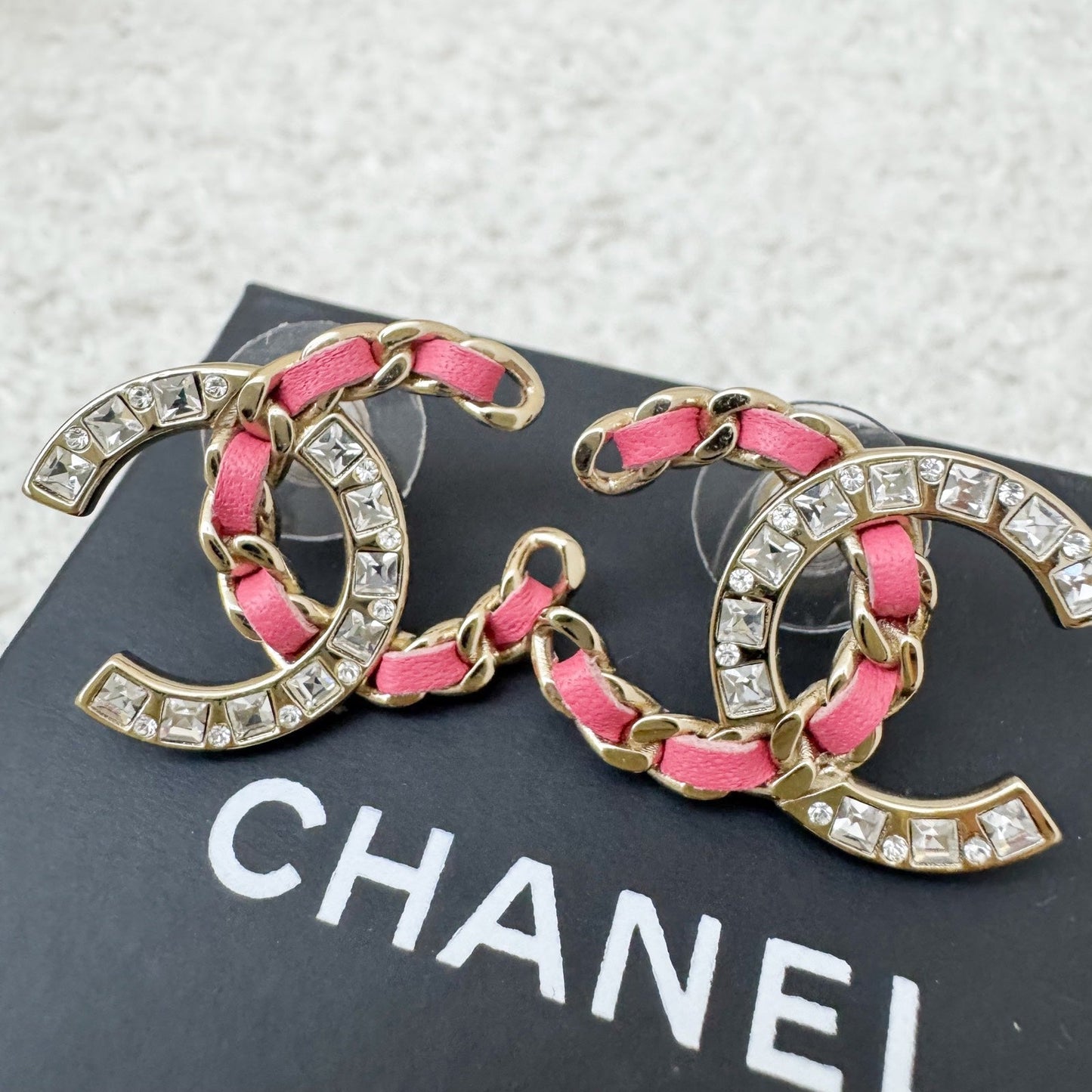 Chanel Medium CC Logo Earrings with Pink Leather and Crystals in LGHW Jewelry