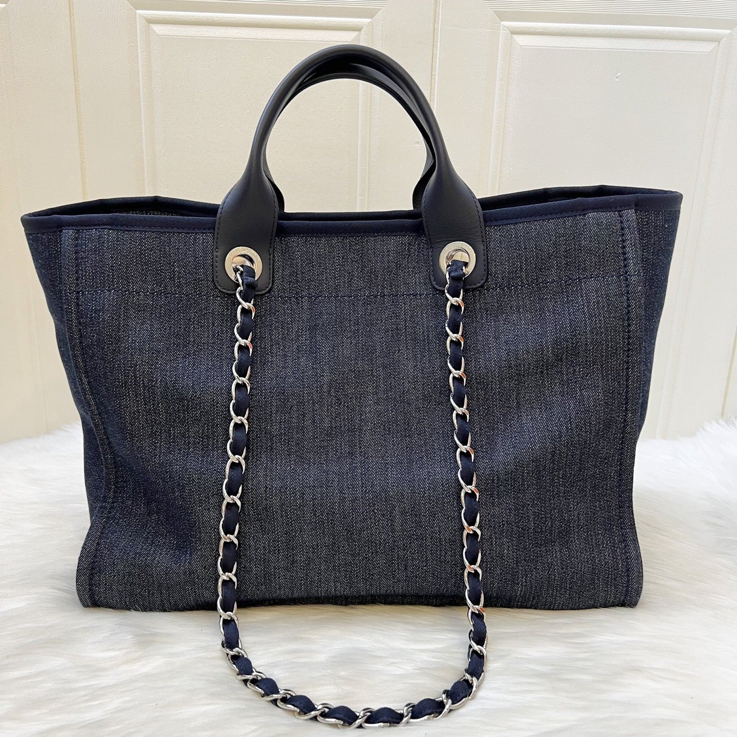 Chanel Medium / Large Deauville Tote in Denim Fabric, Navy Leather Trim and SHW (Model: )