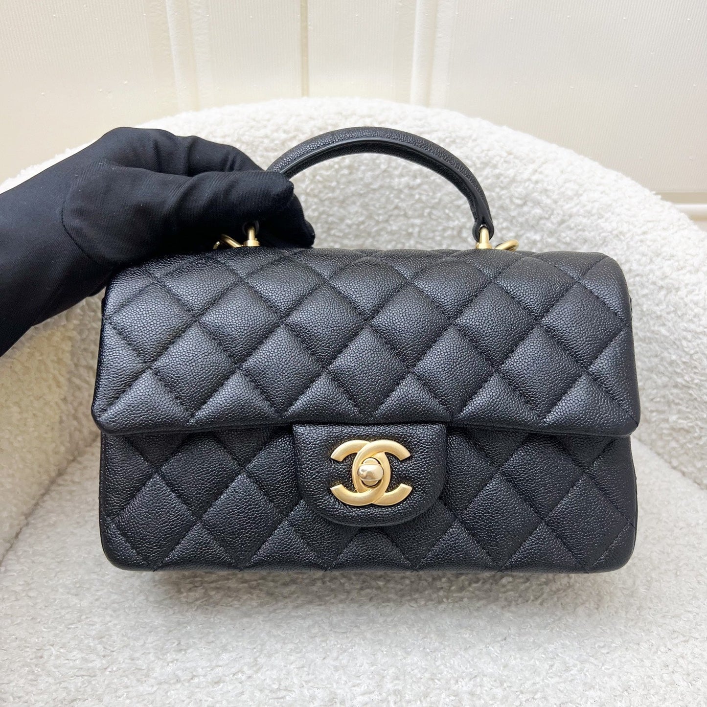 Top Handle Mini Rectangle Flap in Black Caviar and AGHW Bag Signature