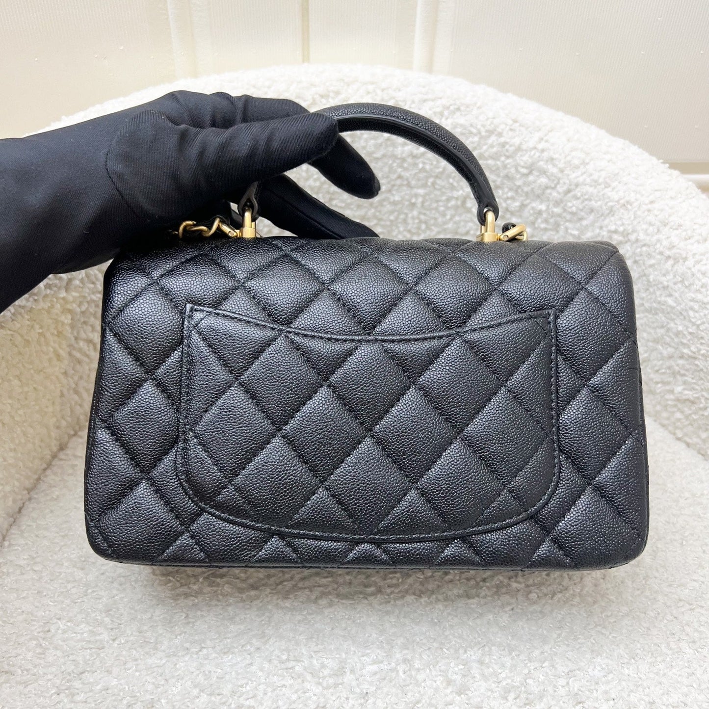 Top Handle Mini Rectangle Flap in Black Caviar and AGHW Bag Signature
