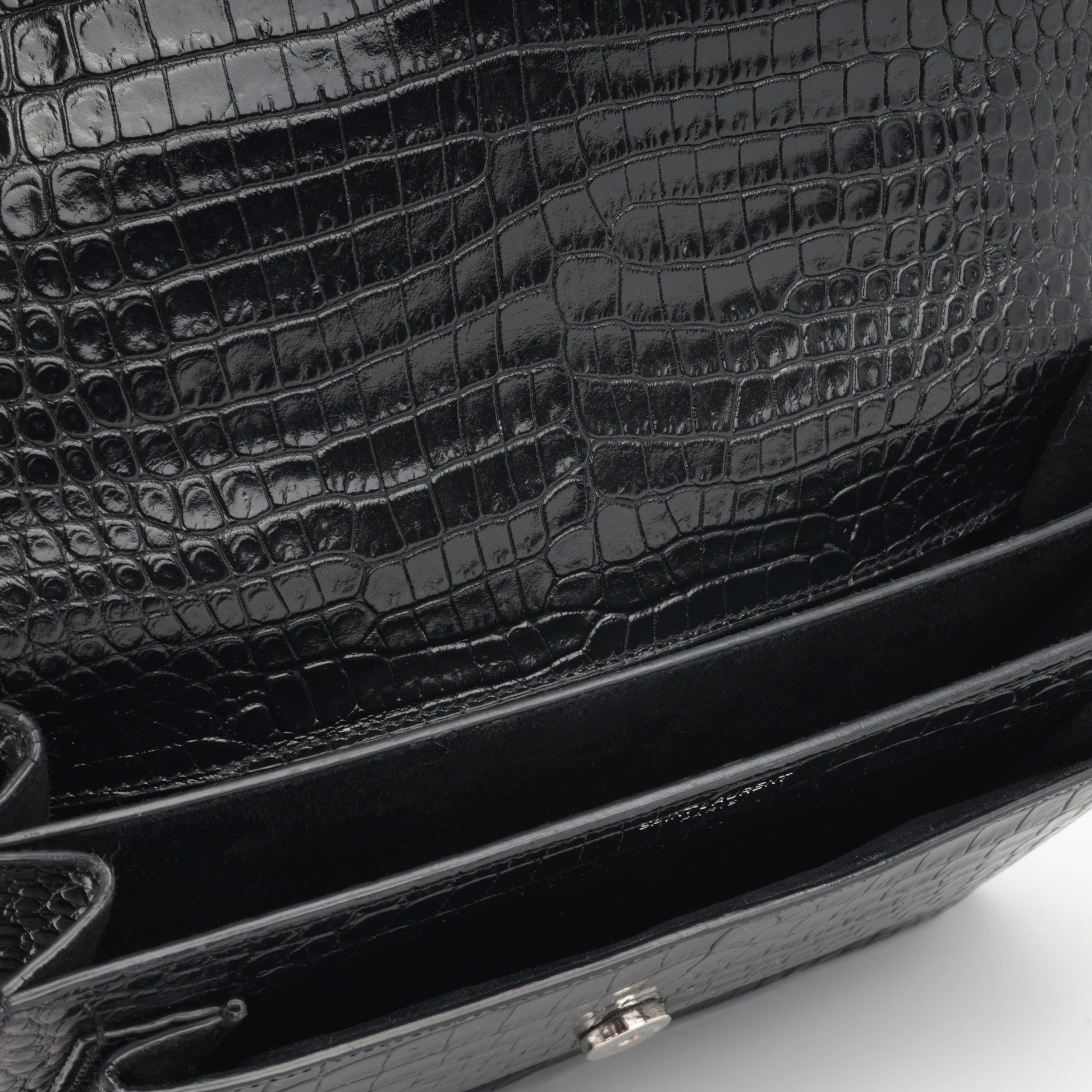 YSL Saint Laurent Sunset Crossbody Bag Medium Croc Embossed Shw