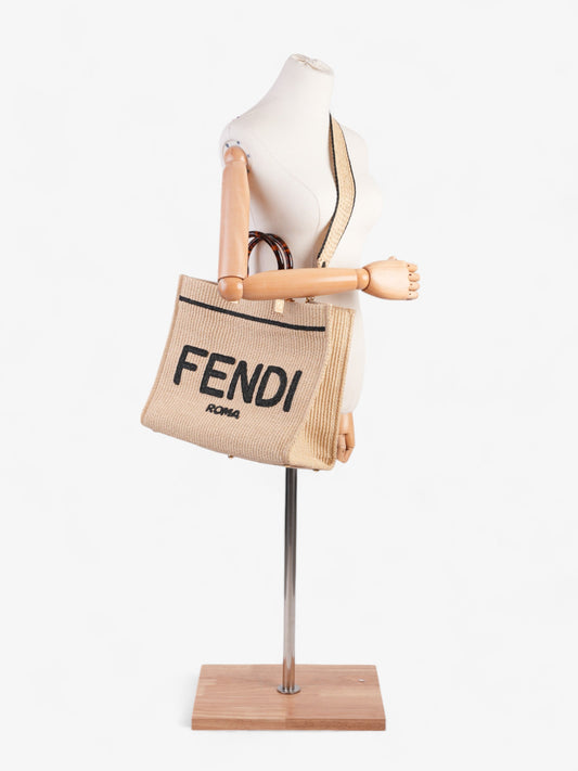 Fendi Sunshine Tote Bag Natural Wicker Black Brown Shoulder Bag