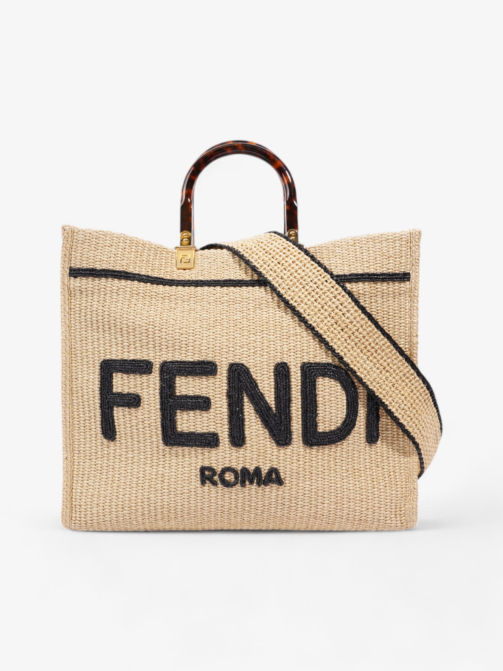 Fendi Sunshine Tote Bag Natural Wicker Black Brown Shoulder Bag