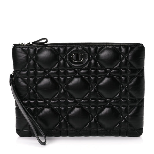 Dior Handbag Christian Supple Calfskin Cannage Caro Daily Pouch Leather Black