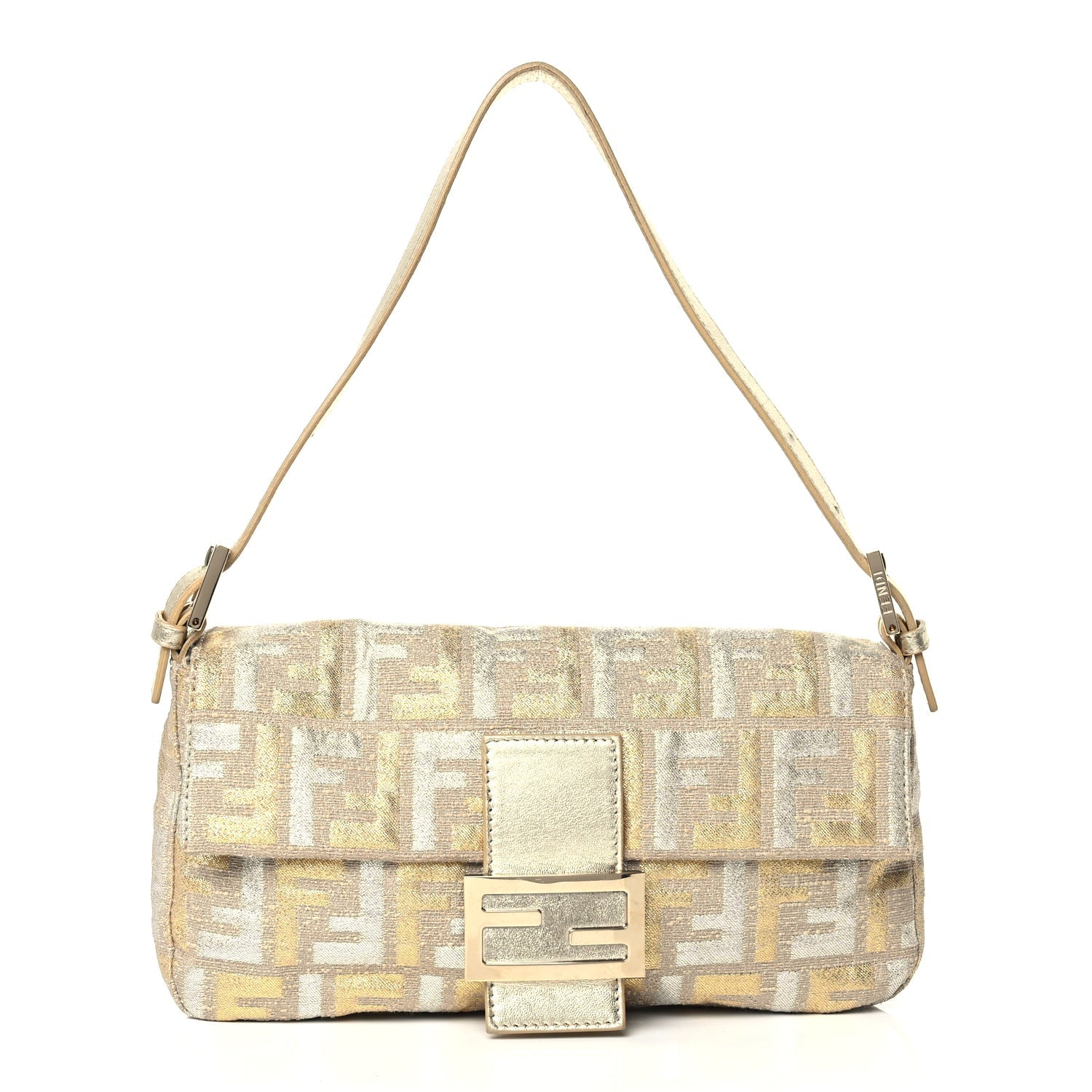 Fendi Handbag Metallic Lurex Zucca Baguette Canvas Gold Silver Shoulder Bag