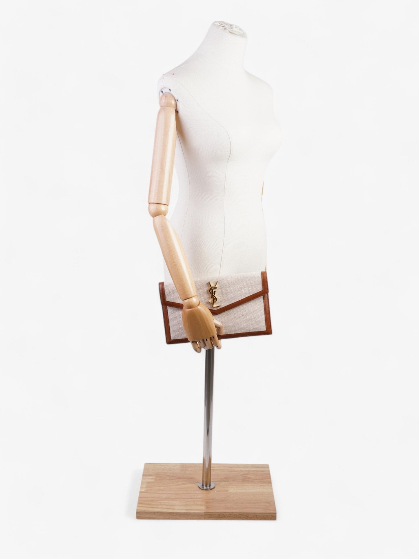 YSL Saint Laurent Uptown Clutch Natural Canvas Brown Beige Clutch Bag