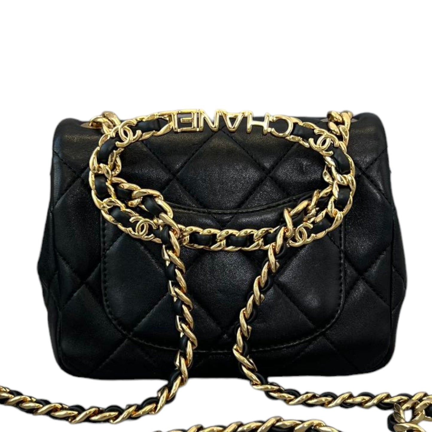 Chanel Flap with Logo Top Handle Lambskin GHW Leather Black Shoulder Bag