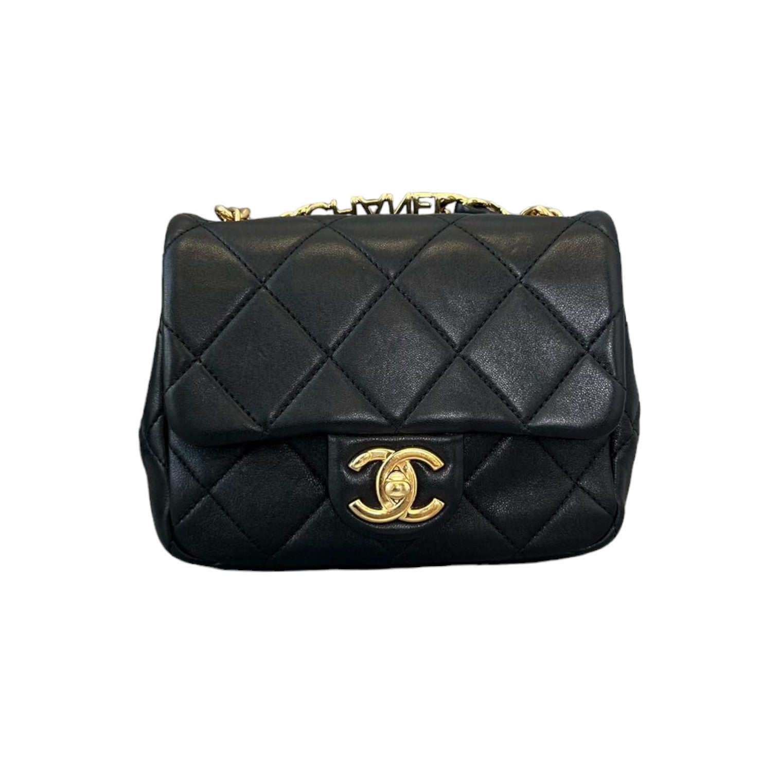 Chanel Flap with Logo Top Handle Lambskin GHW Leather Black Shoulder Bag
