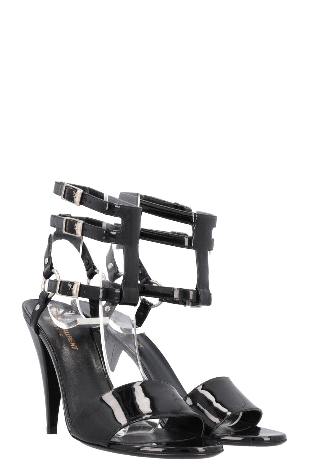 YSL Saint Laurent Cage Strap Heels Patent Black Shoes