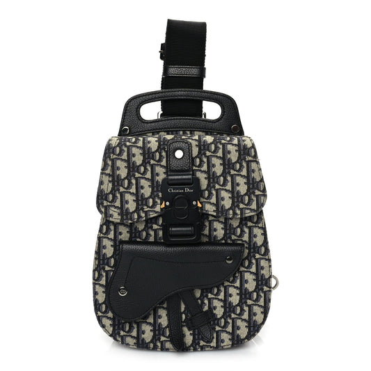 Dior Handbag Christian Grained Calfskin Oblique Gallop Sling Bag Canvas Black Blue Crossbody Bag