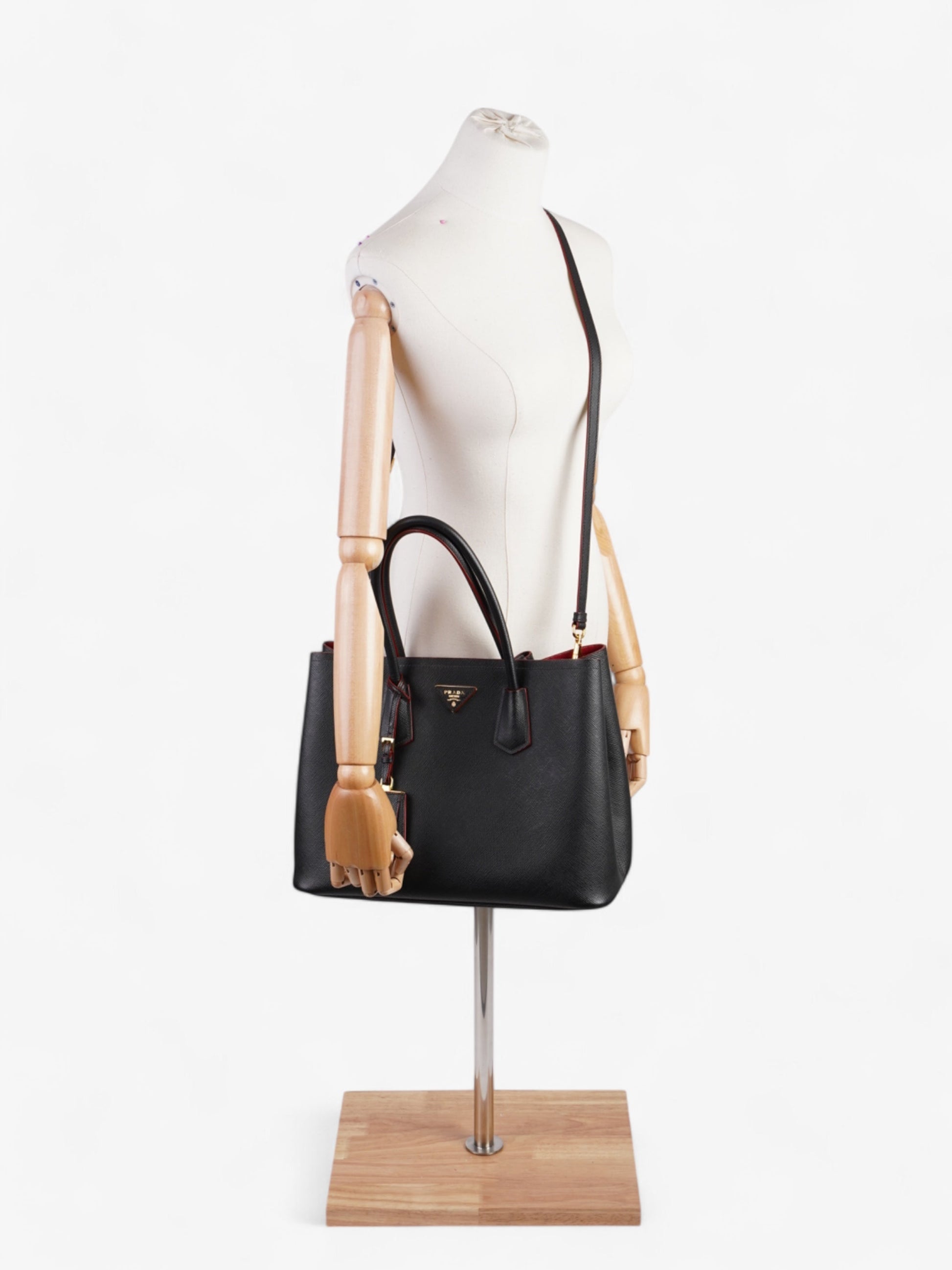 Prada Double Shoulder Bag Leather Saffiano Black