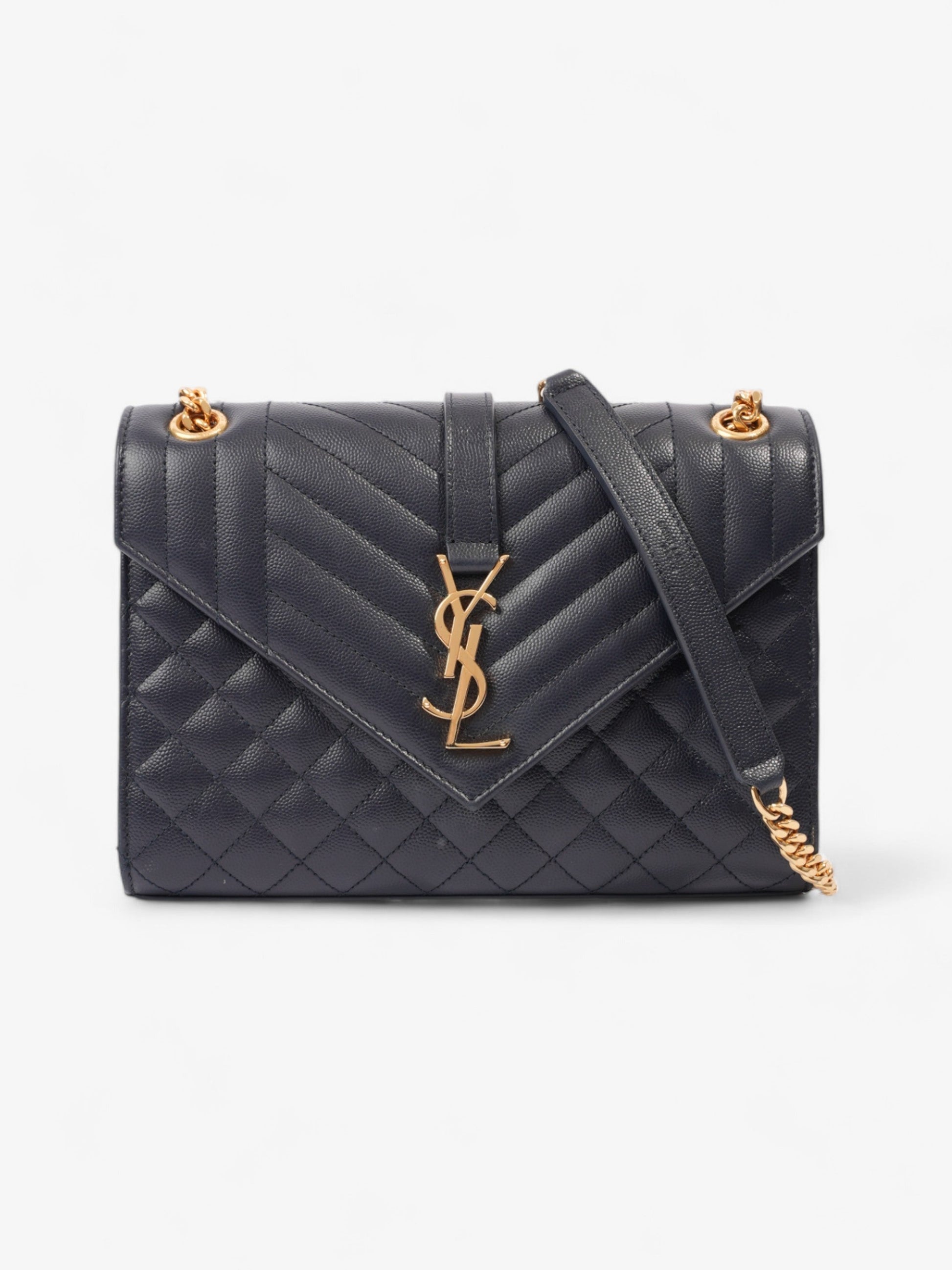 YSL Saint Laurent Envelope Grained Shoulder Bag Leather Blue Navy
