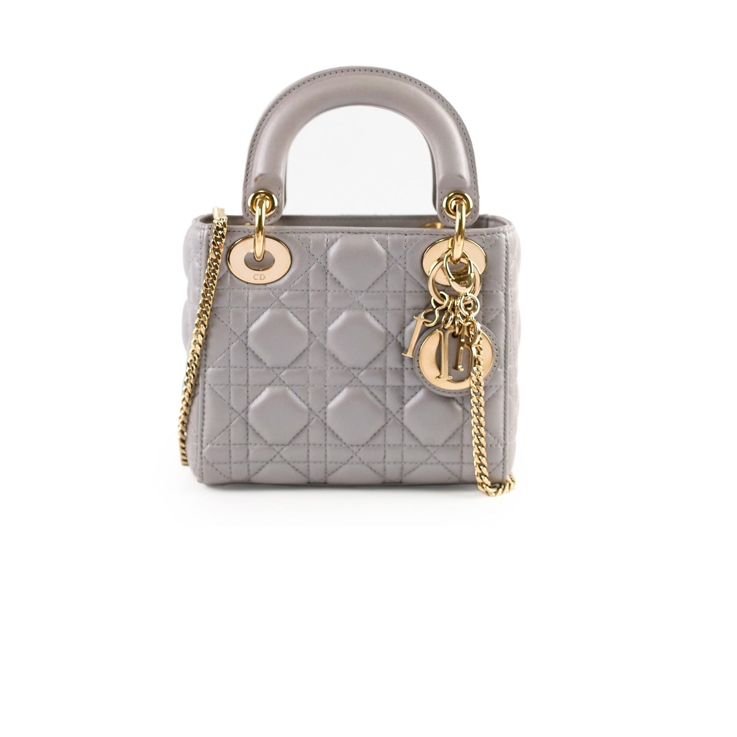 Dior Christian Lady Grey Metallic Crossbody Bag Lambskin Gray Mini