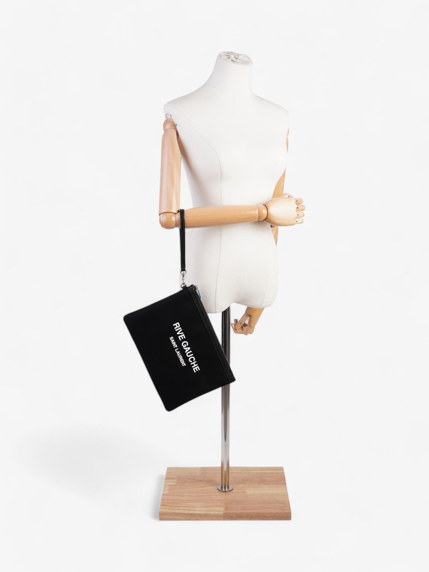 YSL Saint Laurent Rive Gauche Wristlet Clutch Bag Canvas Black White