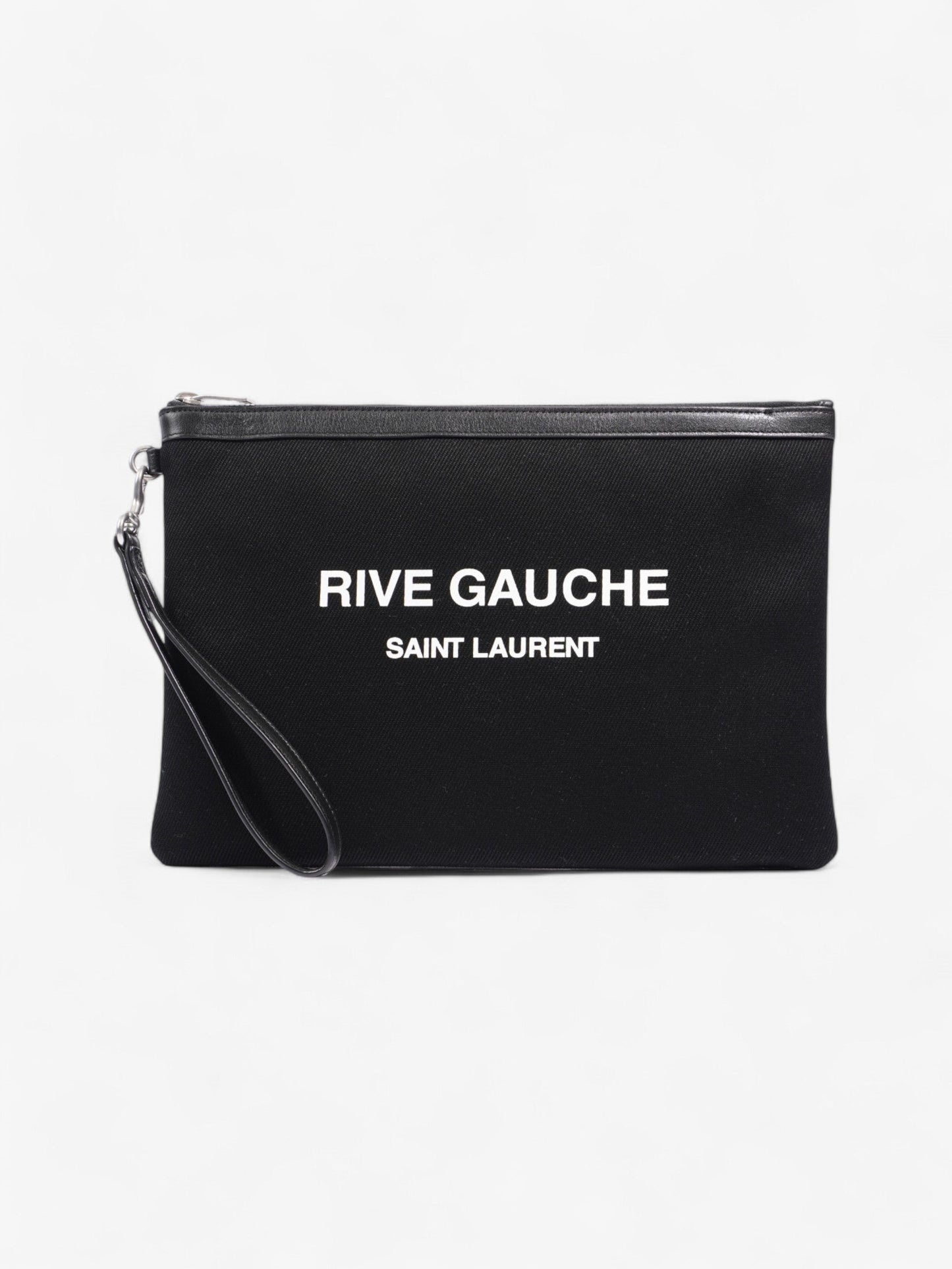 YSL Saint Laurent Rive Gauche Wristlet Clutch Bag Canvas Black White