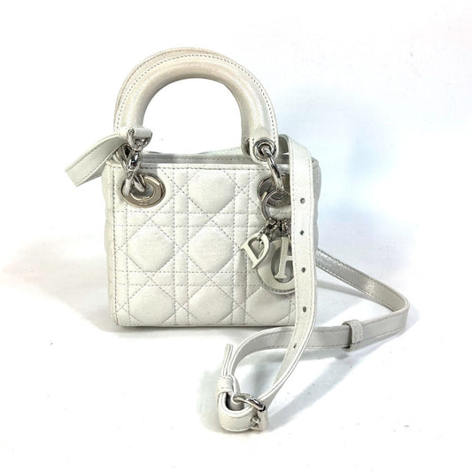 Dior Handbag Metallic Gray Type Lady Cannage Women Leather Mini Travel Bag