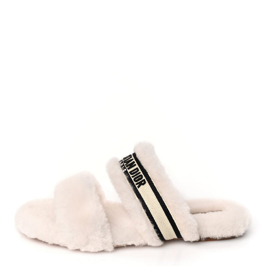 Dior Shoe Christian Shearling Chez Moi Strap Slide Sandal Canvas Black White Shoes