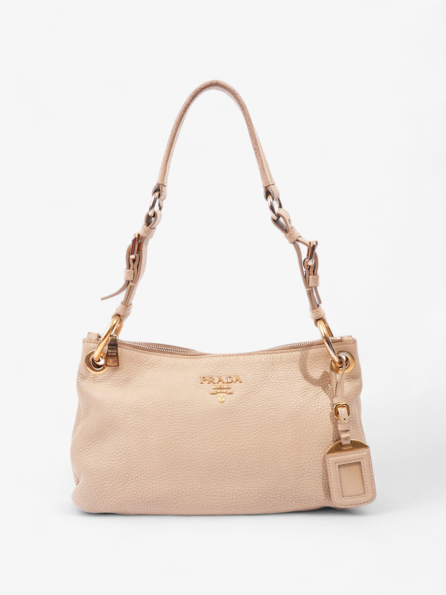 Prada Belted Zipped Shoulder Bag Leather Beige Medium