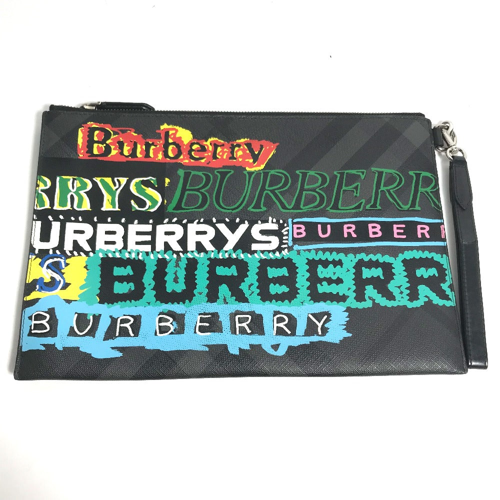 Burberry Clutch Bag Graffiti Check Women Leather Black