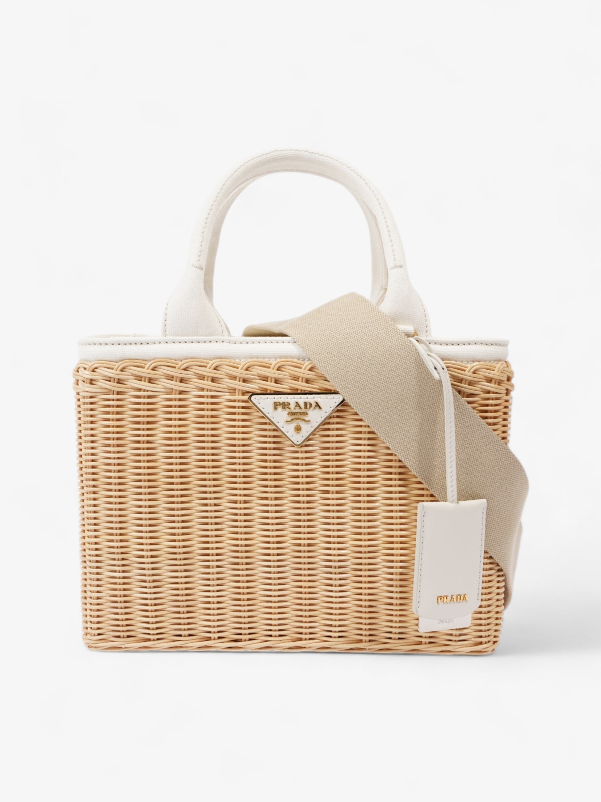 Prada And Linen Blend Tote Wicker White Tan Tote Bag