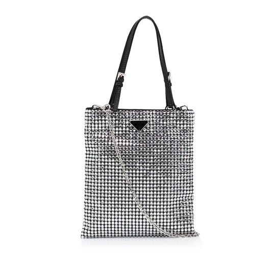 Prada Crystal Handbag Satin Silver Travel Bag