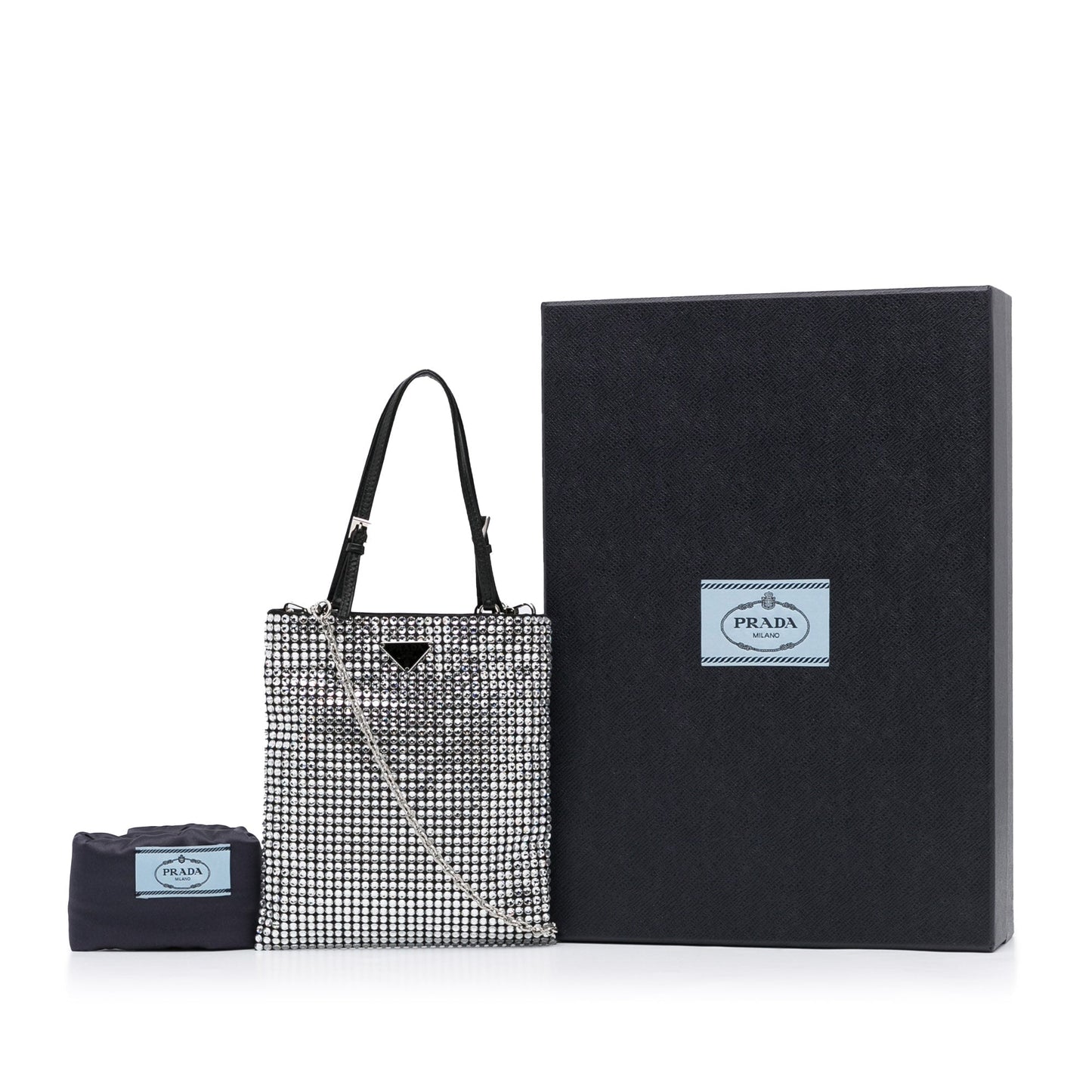 Prada Crystal Handbag Satin Silver Travel Bag