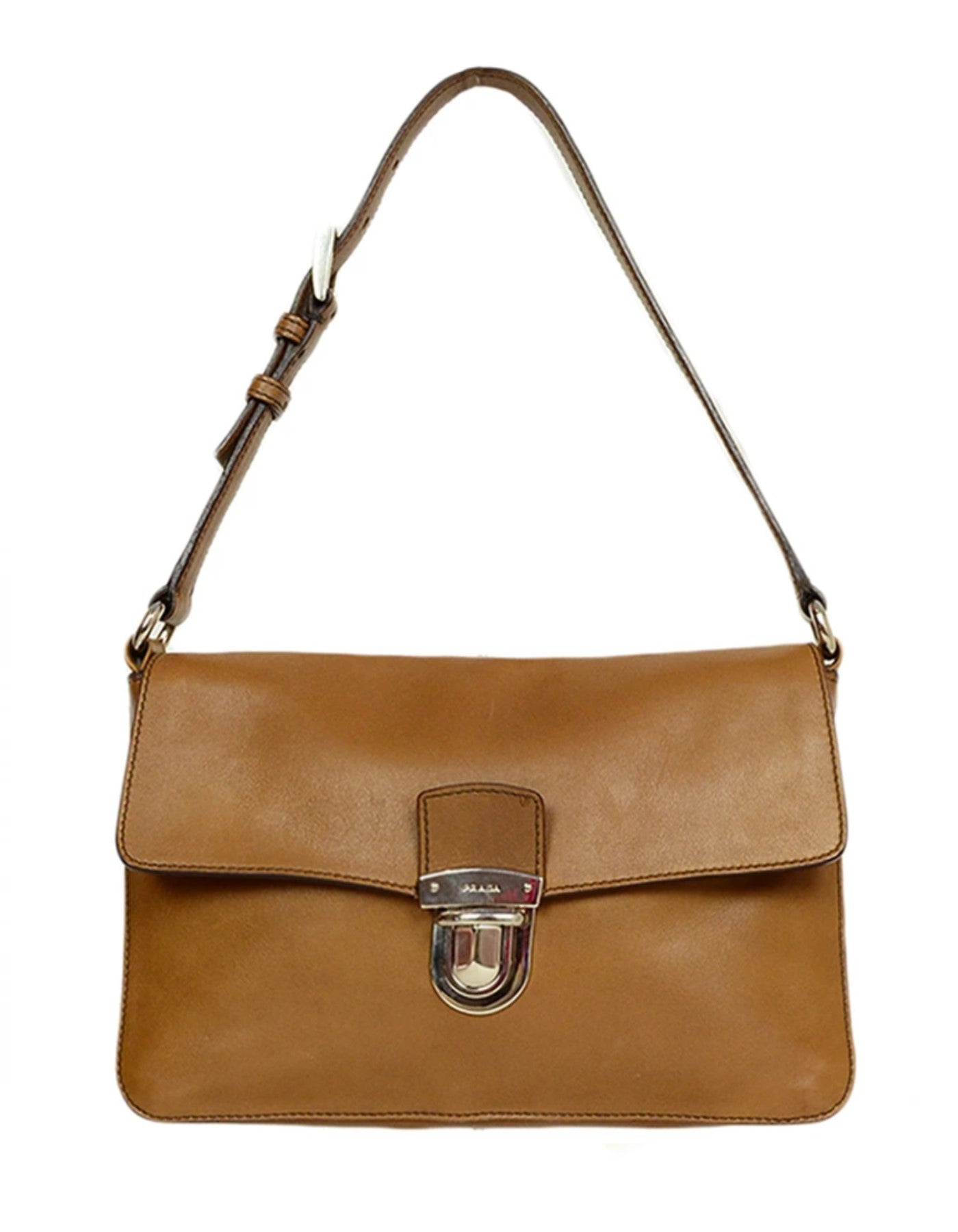 Prada Handbag Pushlock Baguette Bag Leather Brown Tan Shoulder Bag
