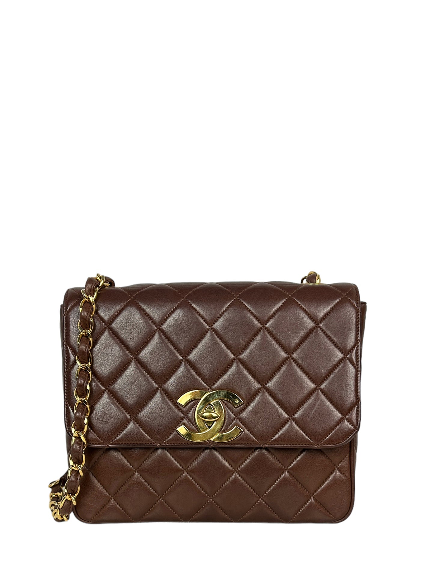Chanel Brown Lambskin Leather CC Maxi Flap Messenger Bag