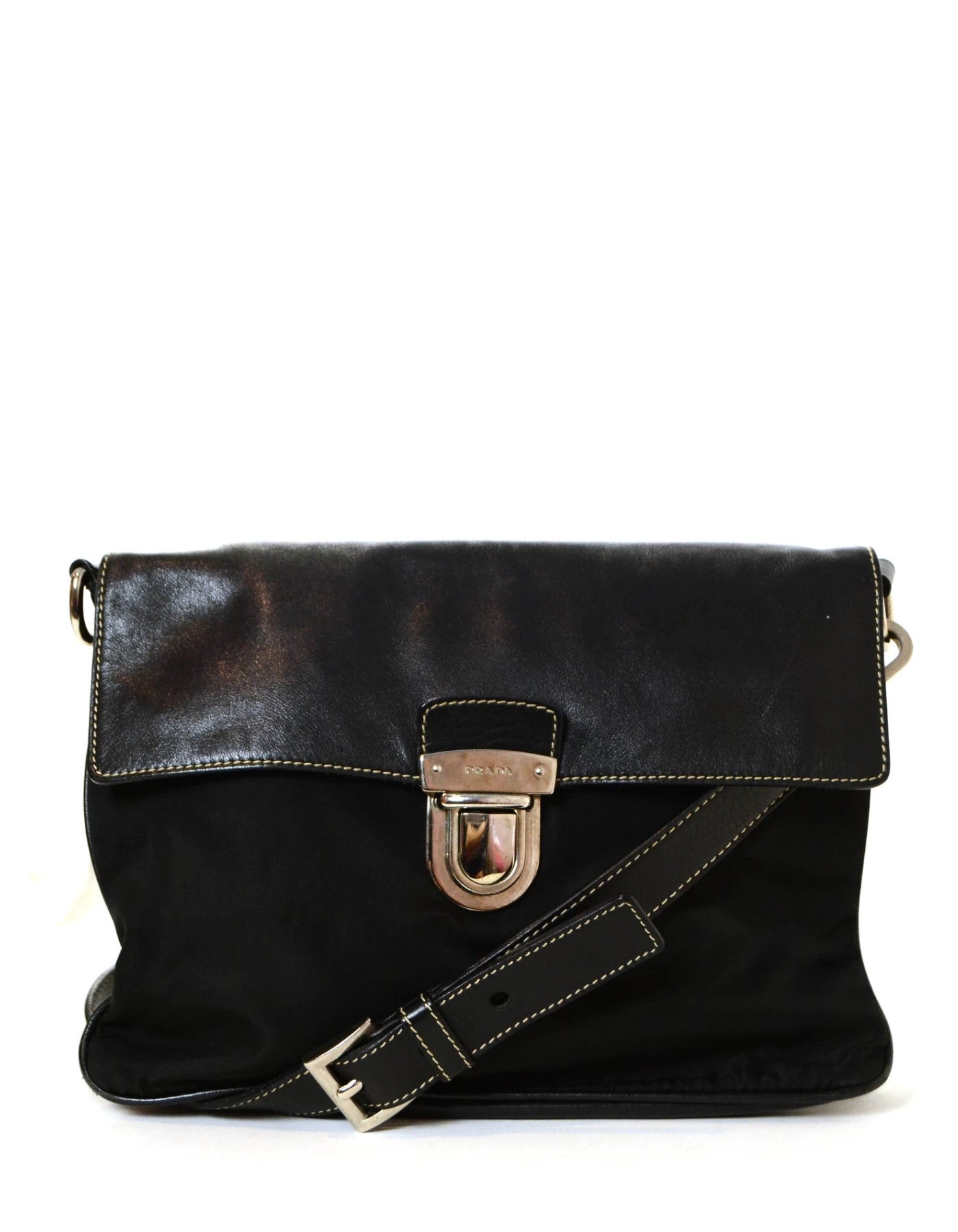 Prada Handbag Pushlock Messenger Bag Leather Nylon Black Crossbody Bag