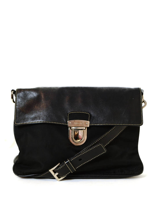 Prada Handbag Pushlock Messenger Bag Leather Nylon Black Crossbody Bag