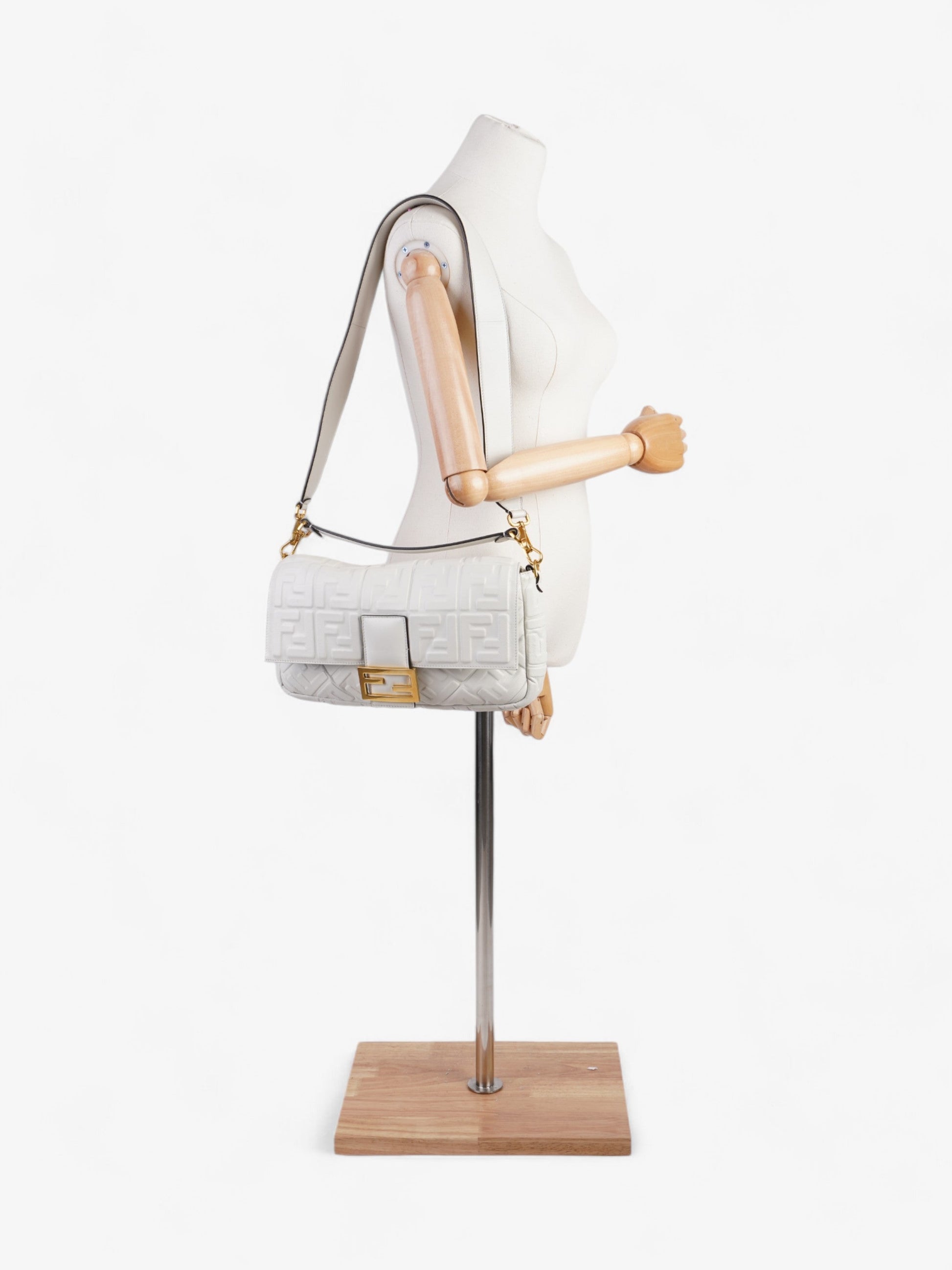 Fendi Baguette Shoulder Bag Leather White Embossed