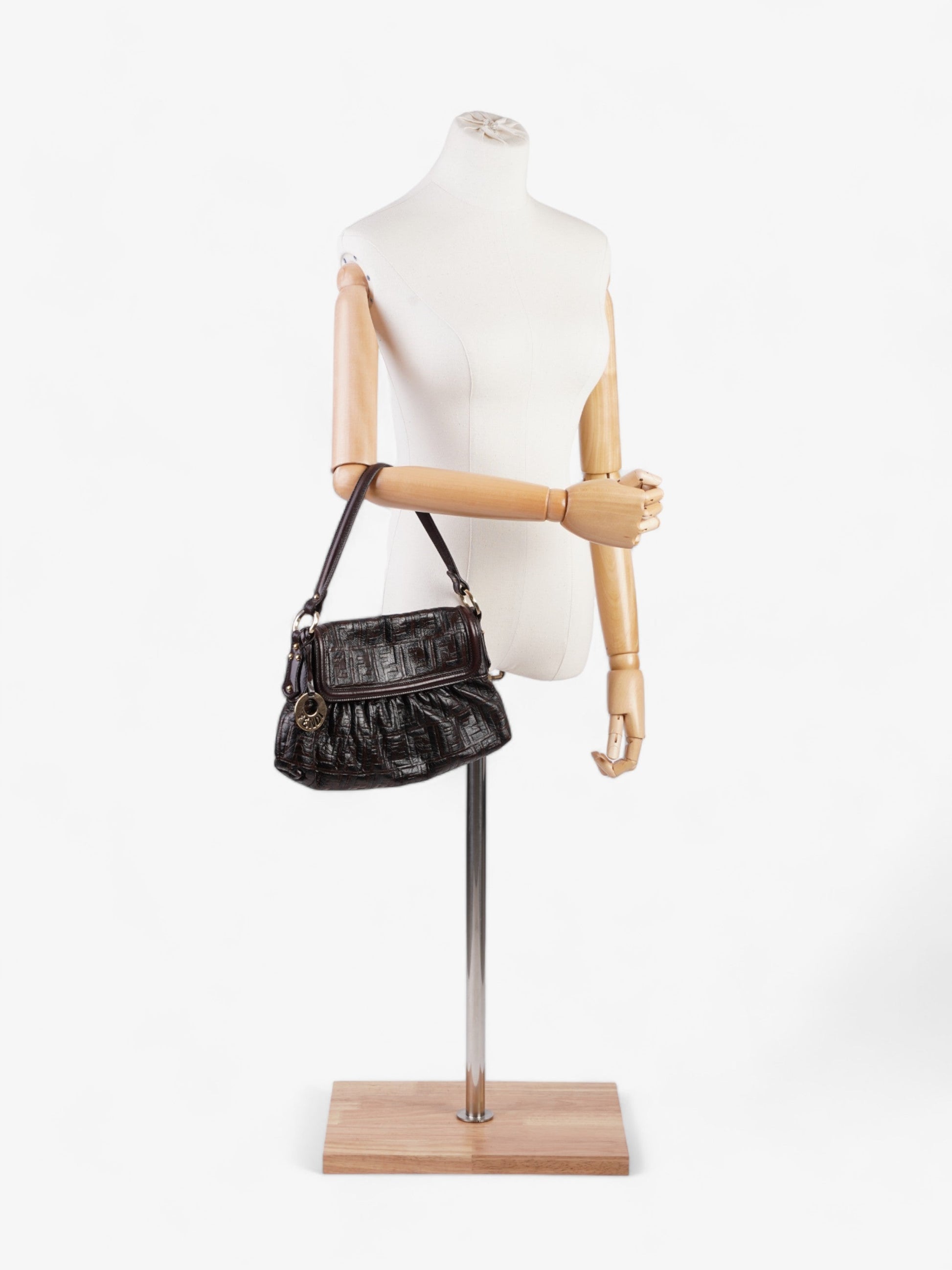 Fendi Chef Dark Zucca Shoulder Bag Leather Brown Medium