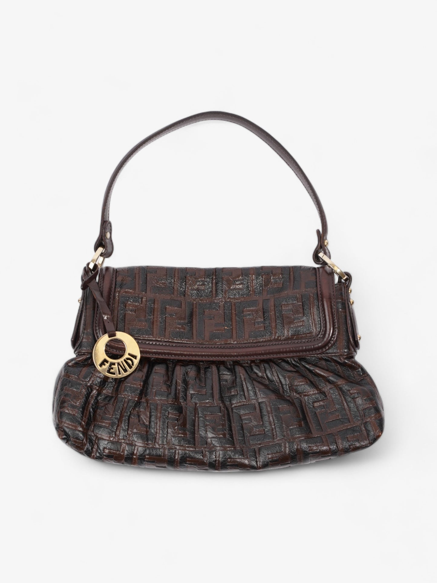 Fendi Chef Dark Zucca Shoulder Bag Leather Brown Medium