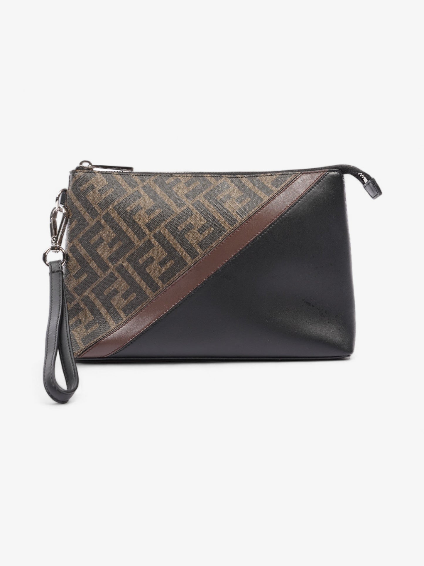 Fendi Diagonal Flat Pouch Tobacco Coated Clutch Bag Canvas Black Shoes