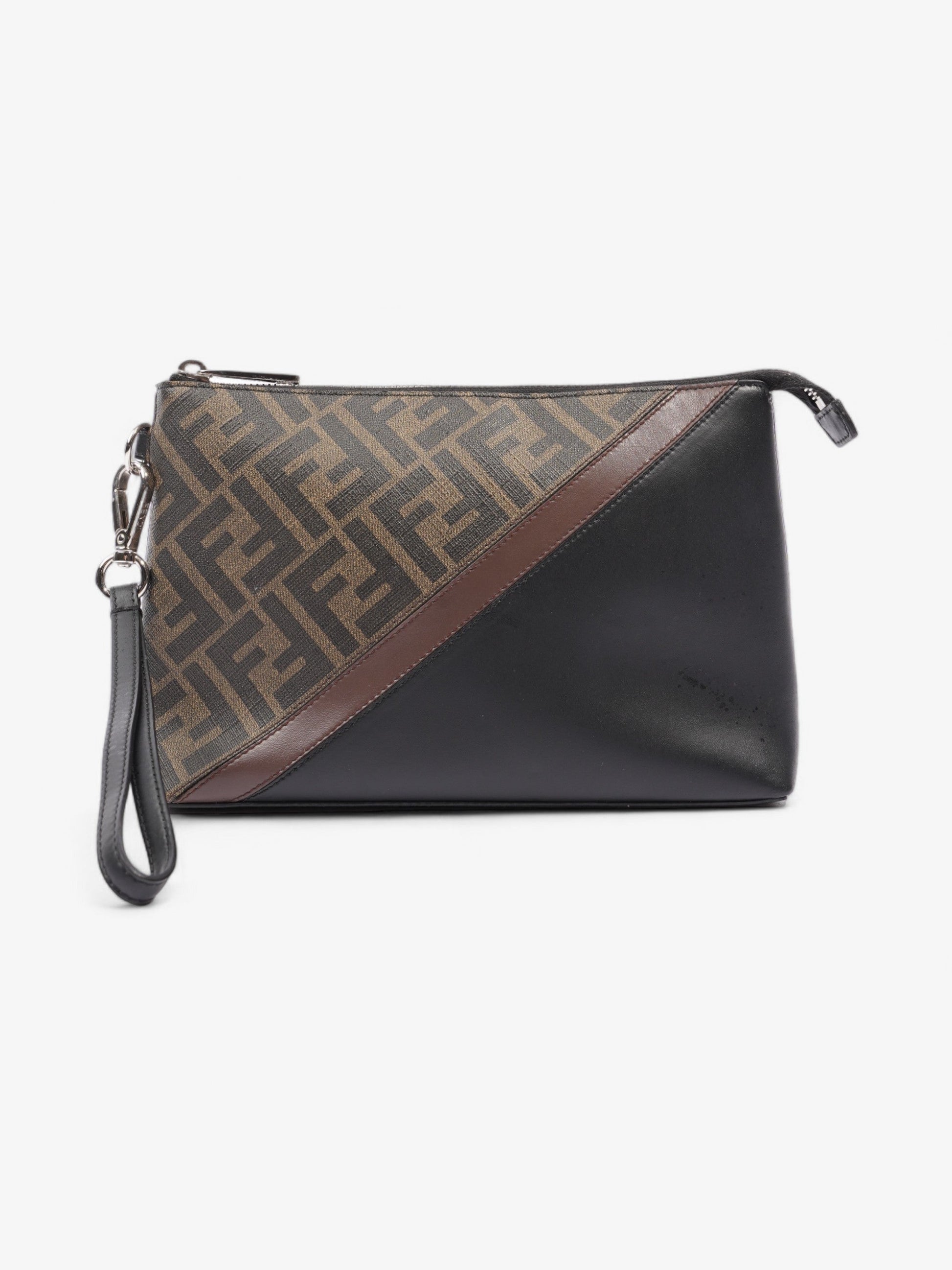 Fendi Diagonal Flat Pouch Tobacco Coated Clutch Bag Canvas Black Shoes