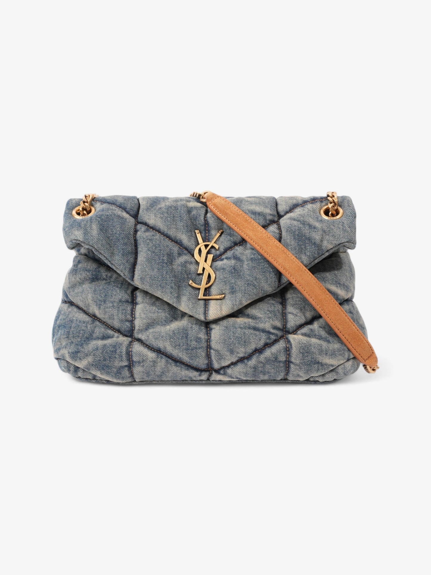 YSL Saint Laurent Lou Lou Puffer Shoulder Bag Denim Tan Small
