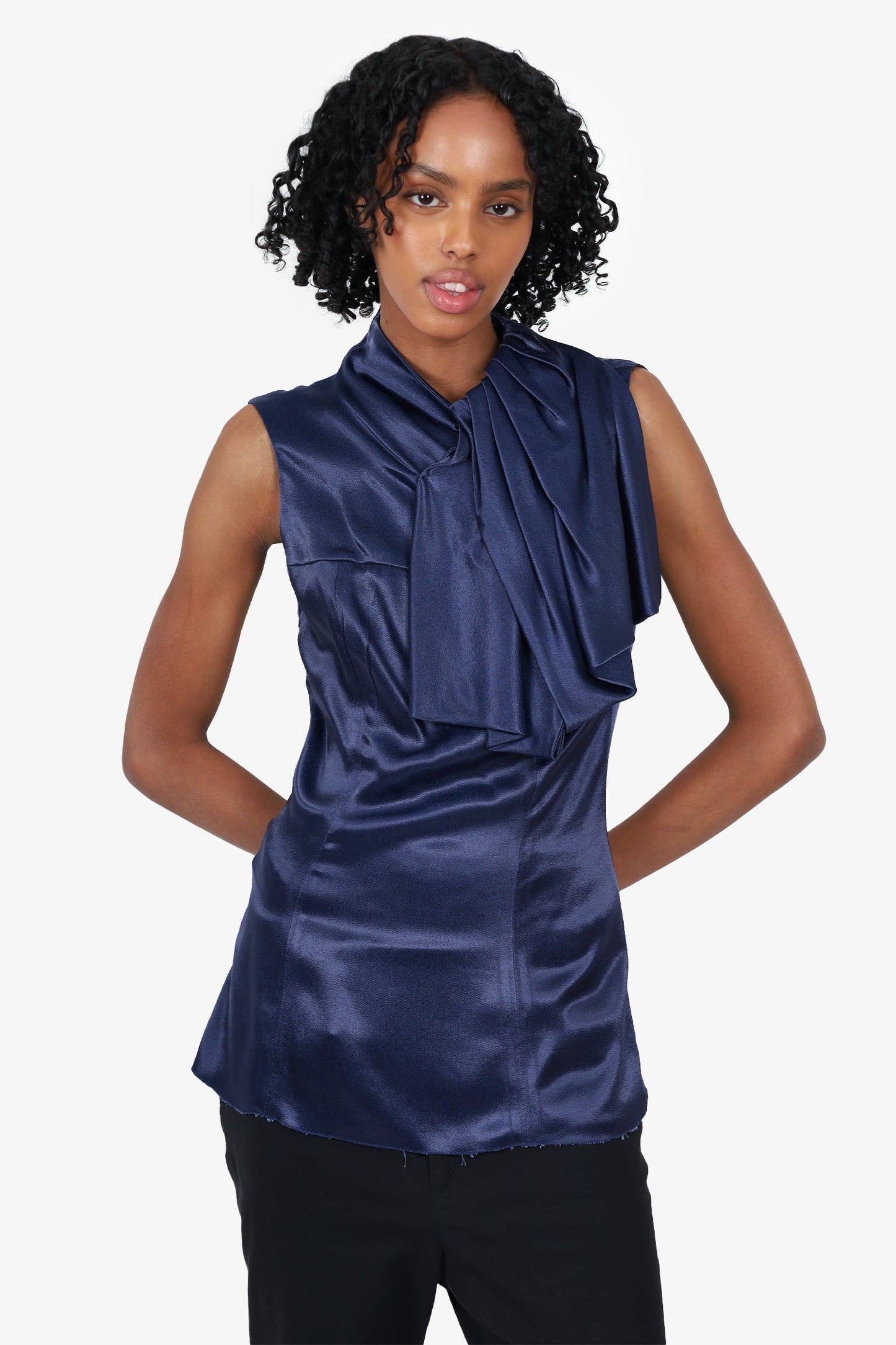 Prada Handbag Sleeveless Top with Bow detail on Collar Blue