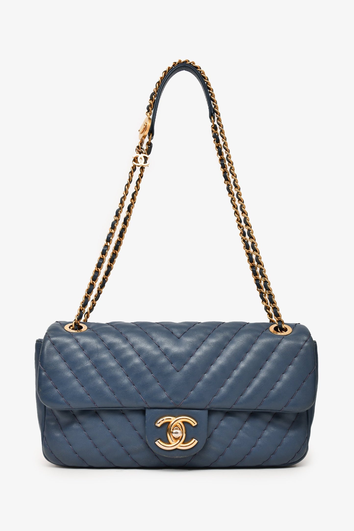 Chanel ™ 2012 Blue Quilted Chevron Single Flap Medallion Charm Chain