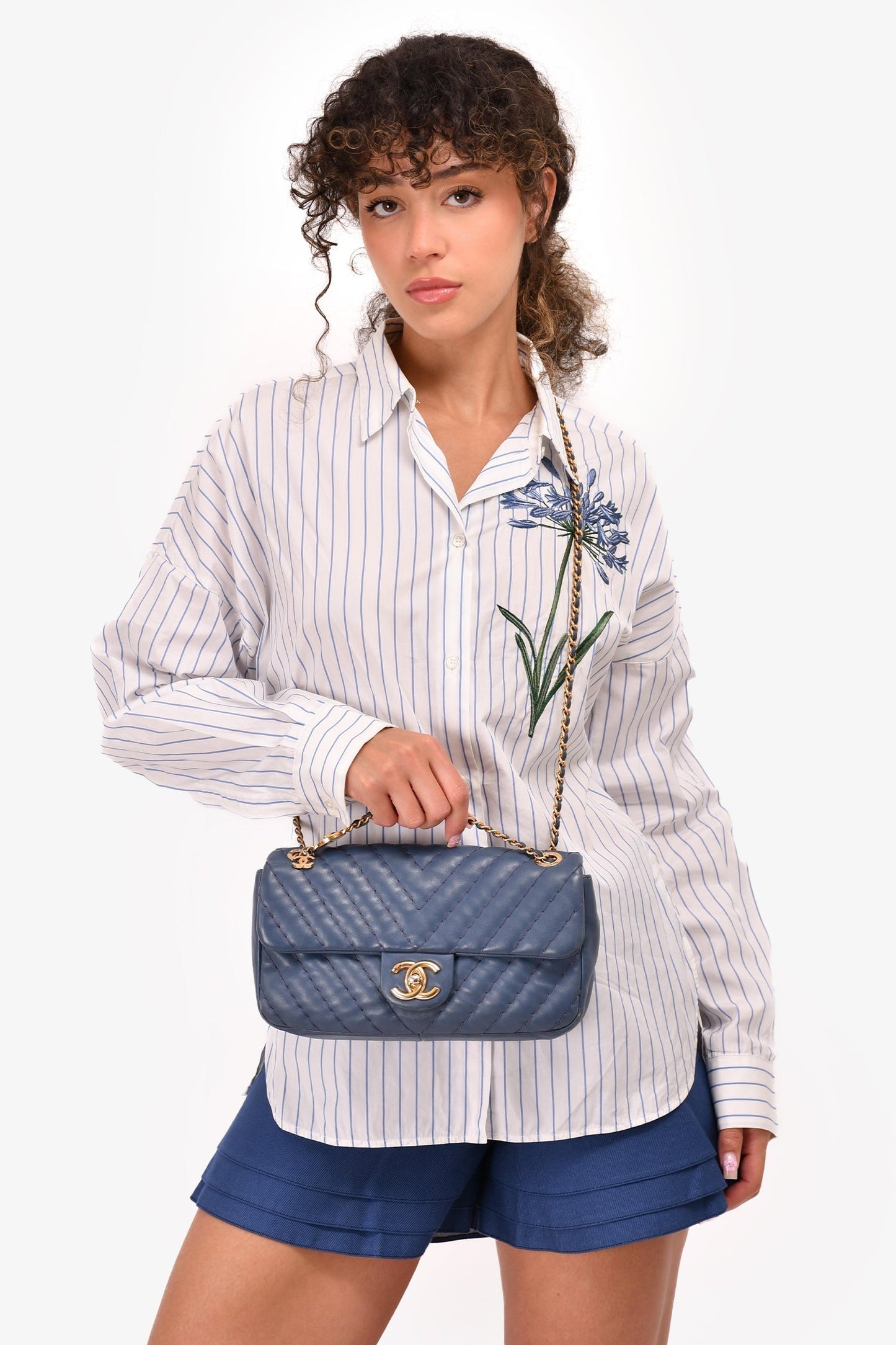 Chanel ™ 2012 Blue Quilted Chevron Single Flap Medallion Charm Chain