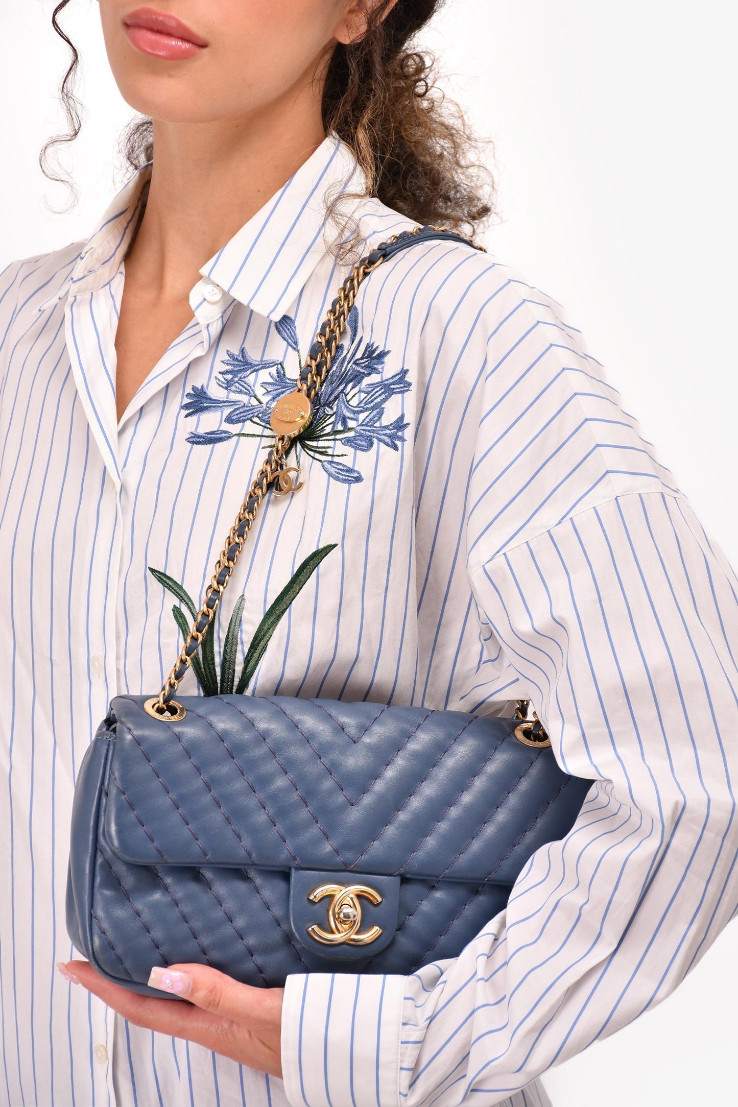 Chanel ™ 2012 Blue Quilted Chevron Single Flap Medallion Charm Chain