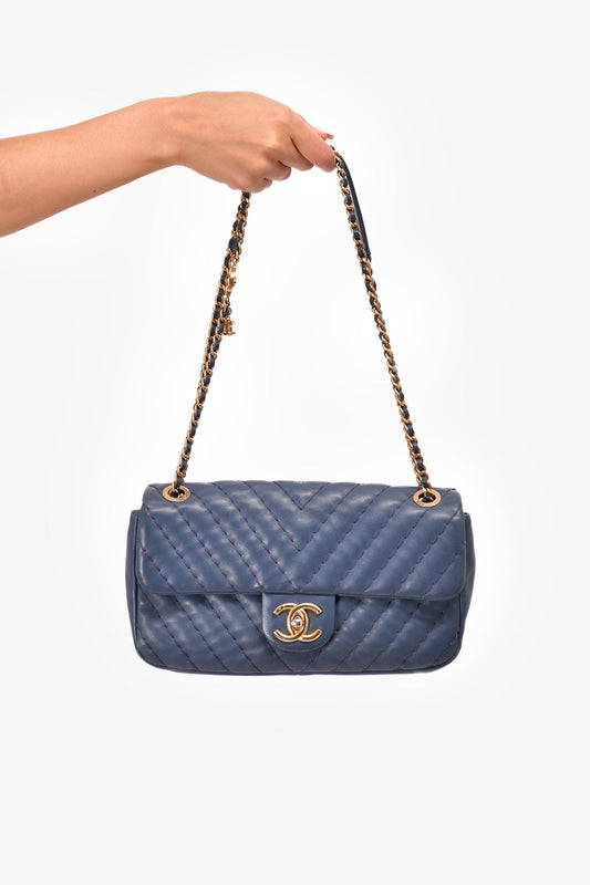 Chanel ™ 2012 Blue Quilted Chevron Single Flap Medallion Charm Chain