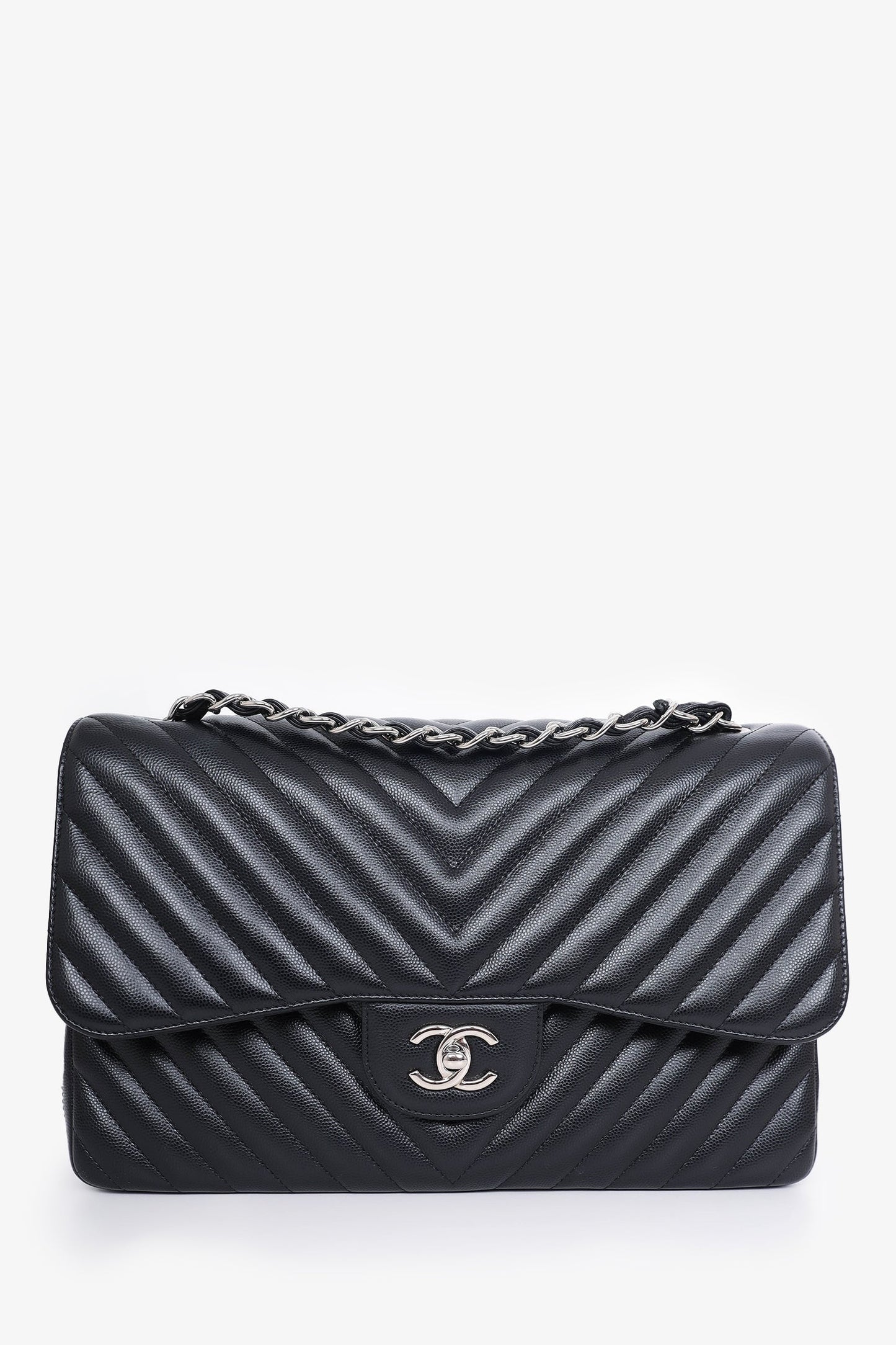 Chanel ™ 2016-17 Black Chevron Caviar Leather Jumbo Double Flap Bag