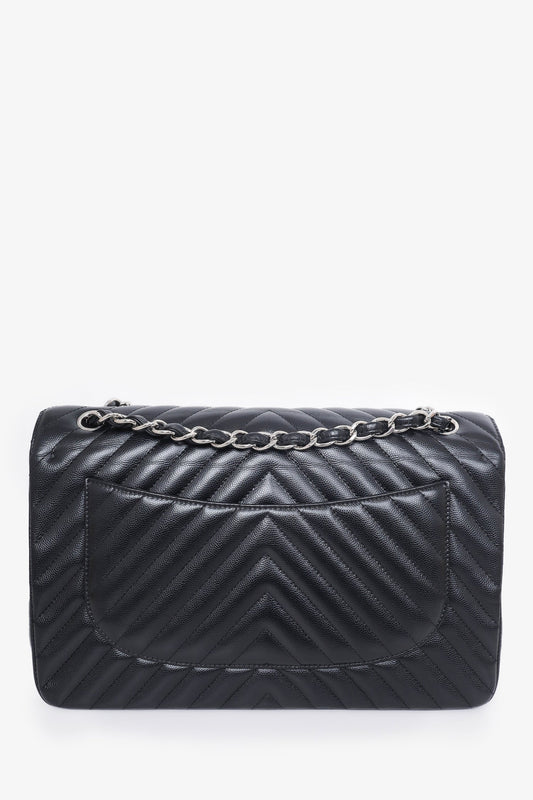 Chanel ™ 2016-17 Black Chevron Caviar Leather Jumbo Double Flap Bag
