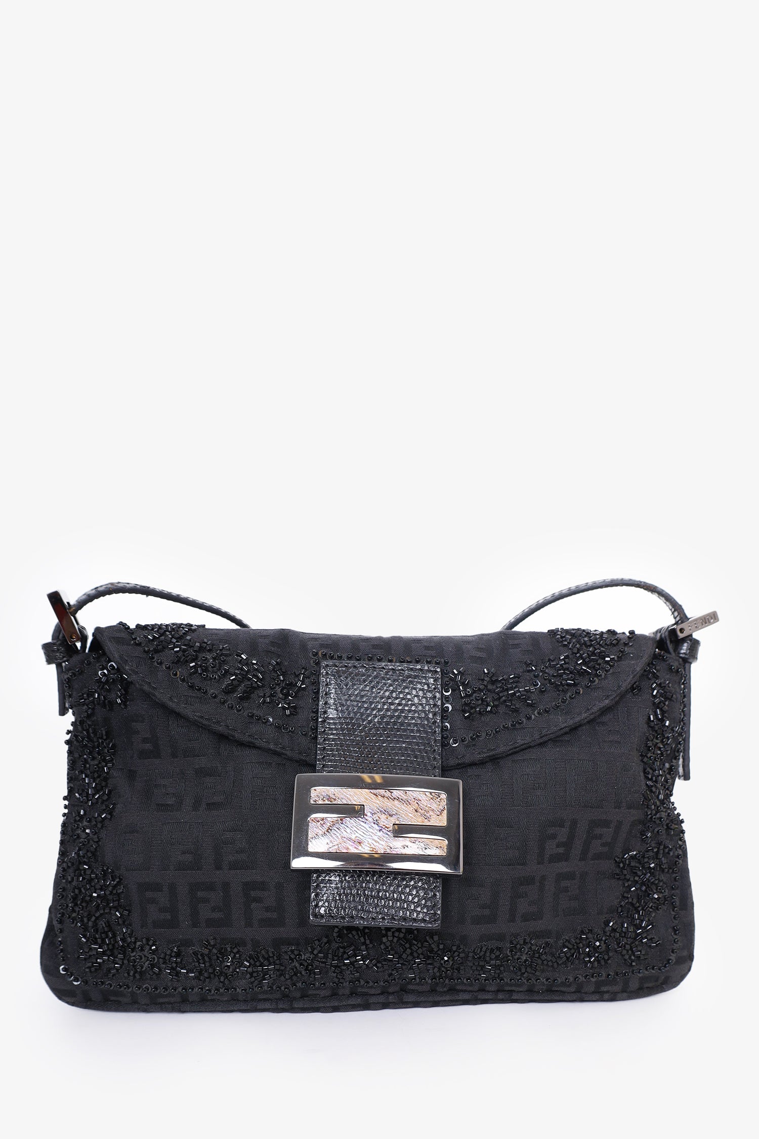 Fendi Shoulder Bag FF Zucca Beaded Lizard Trimmed Baguette Black
