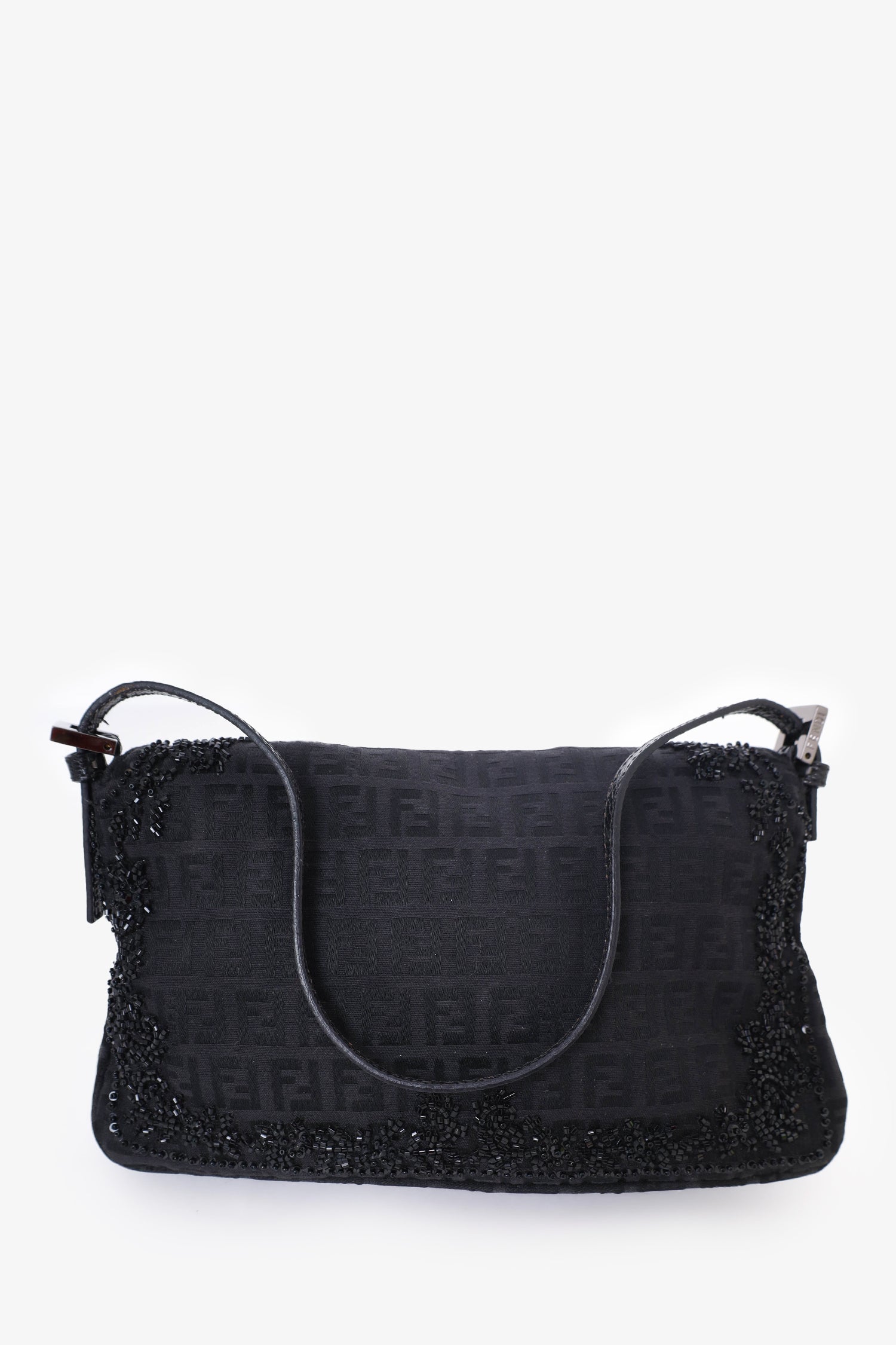 Fendi Ff Zucca Beaded Lizard Trimmed Baguette Shoulder Bag Black
