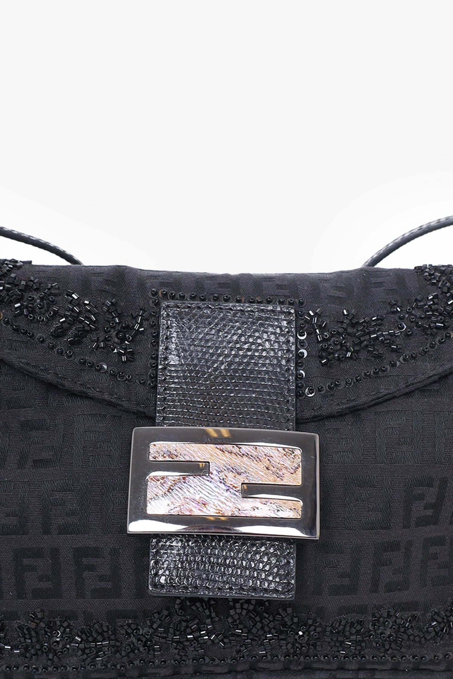Fendi Ff Zucca Beaded Lizard Trimmed Baguette Shoulder Bag Black