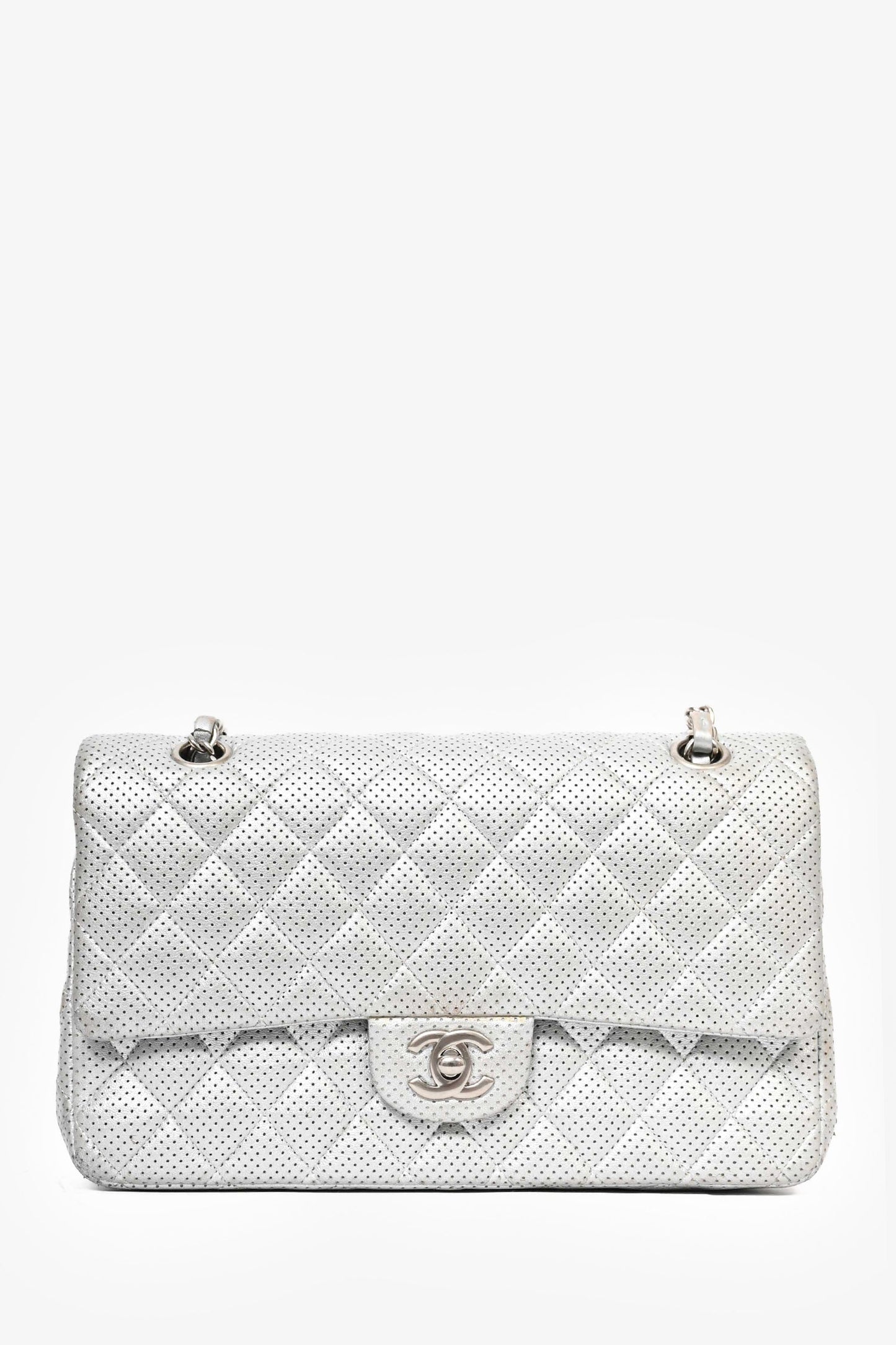 Chanel ™ 2014 Silver Perforated Leather Medium Double Flap Shoulder Bag